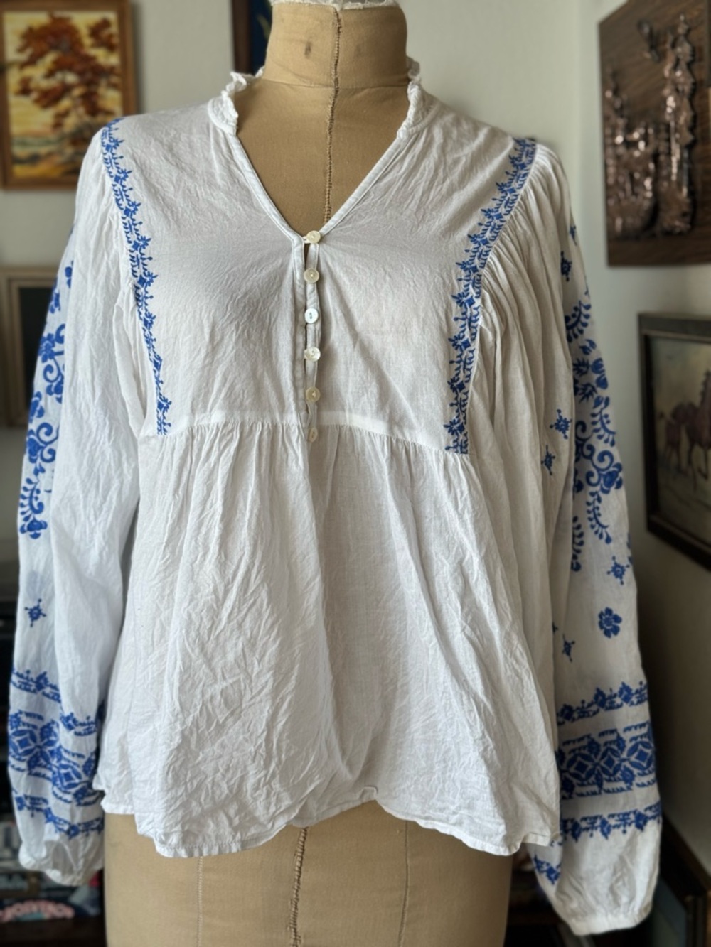 Odd Molly The Ideal Blouse Boho Embroidered Tunic White Blue Puff Sleeve Sm/ Med